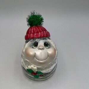 Vintage Ceramic Snowman Snowball Sitting with holiday ornaments and snow OOAk